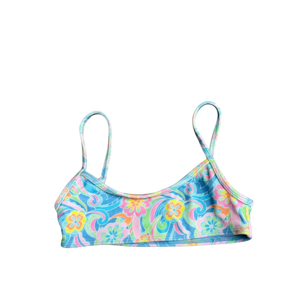 Frankies Bikinis Floral Psychedelic‎ Bralette Bikini Top Blue Pink Retro XS